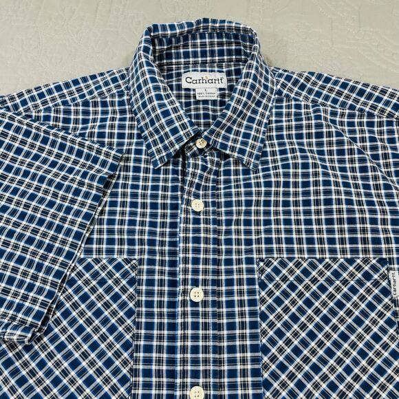 Carhartt Button Shirt Mens Large Check Blue Short Sleeve S245 Cotton Workwear - Picture 1 of 7